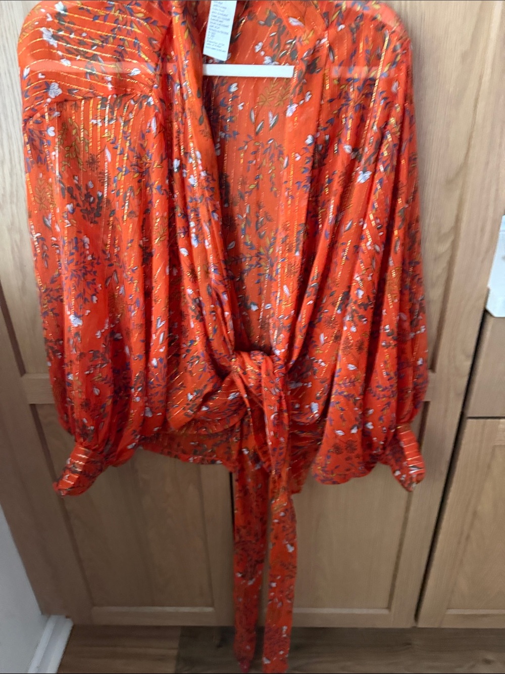 Free People Women's Orange Floral Tie-Front Blouse